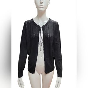 Elegant Black Women's Tie Front Cardigan With Eyelet Detail. Size Small
